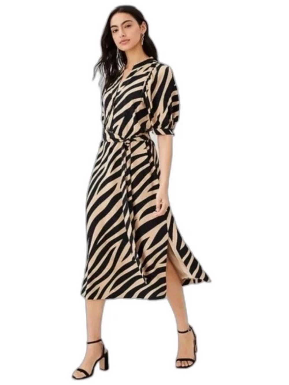 Ann Taylor Black tan stripe fit and flare dress Size XS Puffed Sleeve V Neck